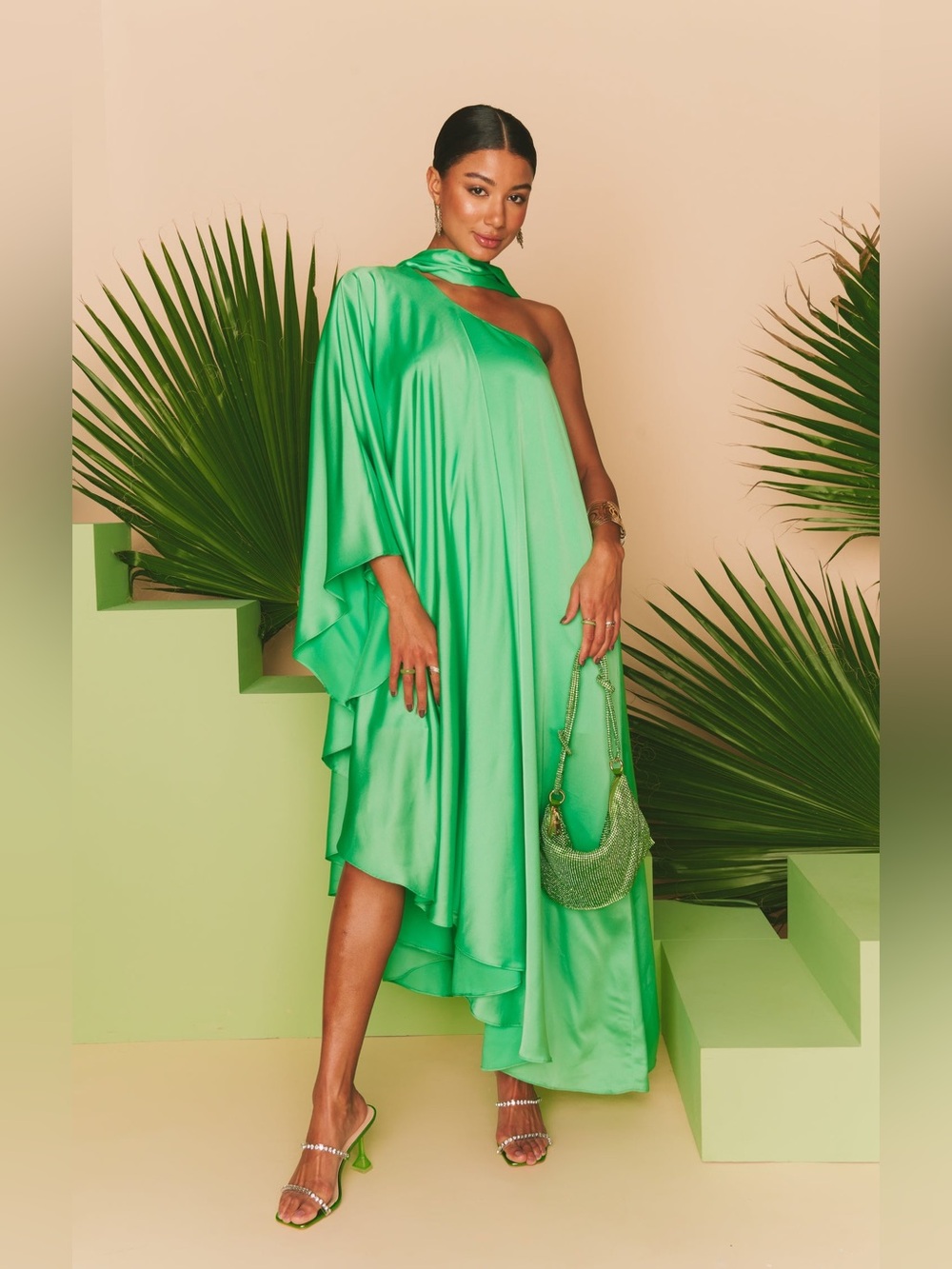 NWT Show Me Your Mumu Rhea One Shoulder Dress in Luxe Kiwi Satin size XS - Picture 8 of 14